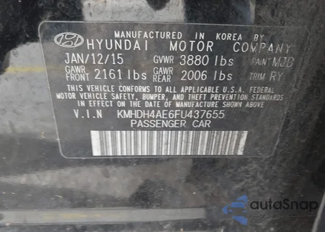 2015 Hyundai Elantra Se from USA, damaged, VIN KMHDH4AE6FU437655